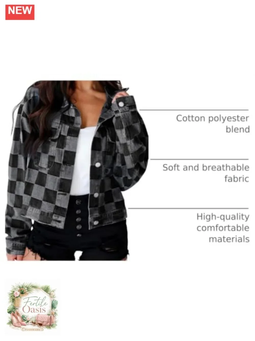 Womens Long Sleeve Button Down Denim Jacket Shacket Checkered Patchwork Cotton